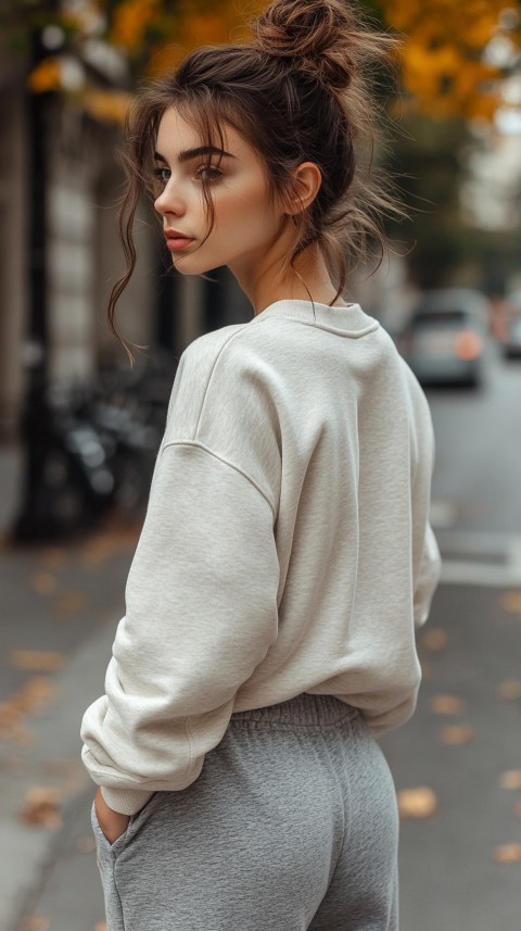 Back View of a Woman in a Light Sweatshirt and Sweatpants with a Messy Bun on an Empty Street – Casual Aesthetic (95)