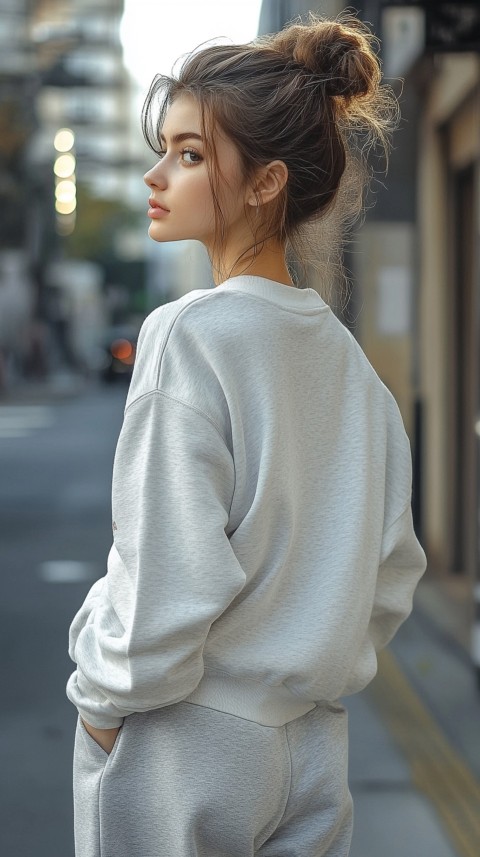 Back View of a Woman in a Light Sweatshirt and Sweatpants with a Messy Bun on an Empty Street – Casual Aesthetic (111)