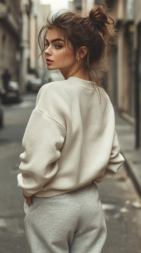 Back View of a Woman in a Light Sweatshirt and Sweatpants with a Messy Bun on an Empty Street – Casual Aesthetic (113)