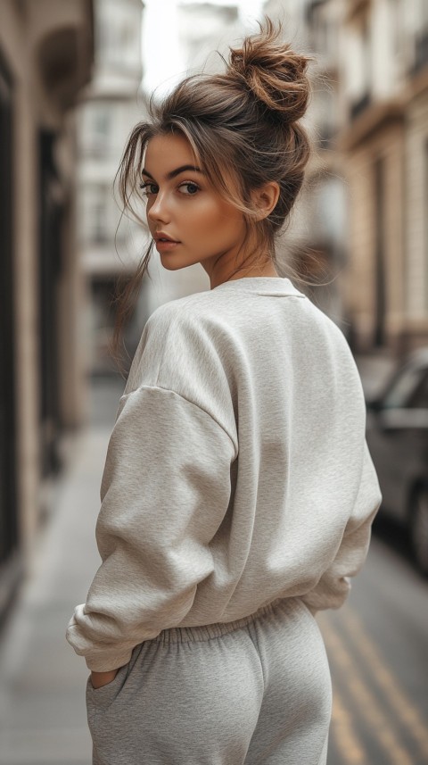 Back View of a Woman in a Light Sweatshirt and Sweatpants with a Messy Bun on an Empty Street – Casual Aesthetic (114)