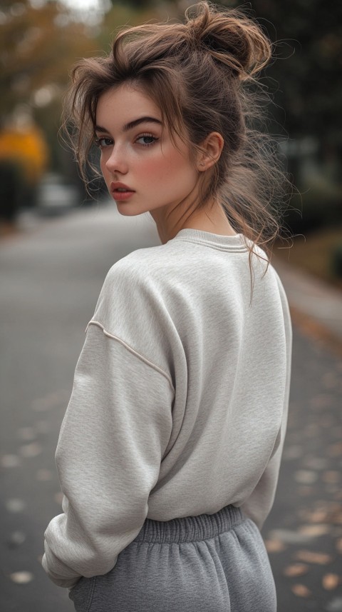 Back View of a Woman in a Light Sweatshirt and Sweatpants with a Messy Bun on an Empty Street – Casual Aesthetic (108)