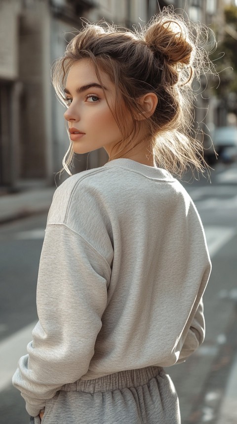 Back View of a Woman in a Light Sweatshirt and Sweatpants with a Messy Bun on an Empty Street – Casual Aesthetic (87)