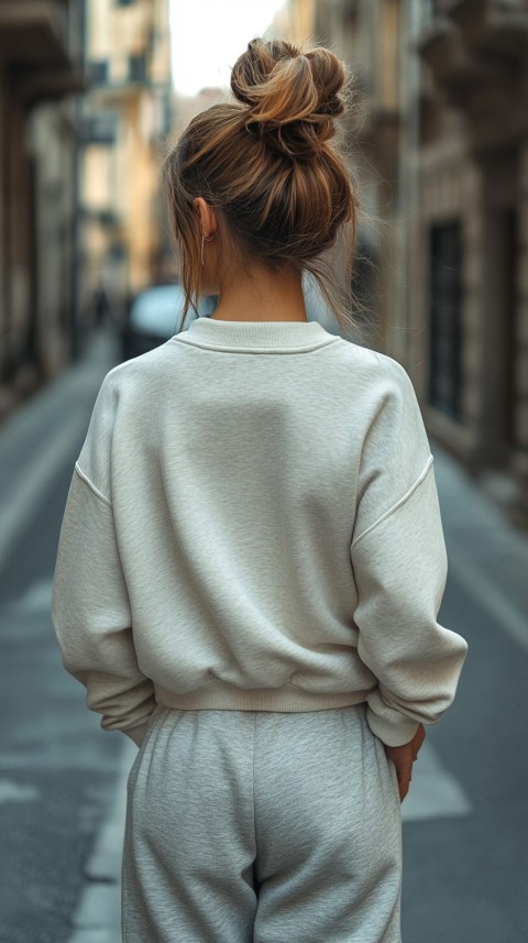 Back View of a Woman in a Light Sweatshirt and Sweatpants with a Messy Bun on an Empty Street – Casual Aesthetic (107)