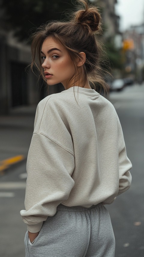 Back View of a Woman in a Light Sweatshirt and Sweatpants with a Messy Bun on an Empty Street – Casual Aesthetic (112)