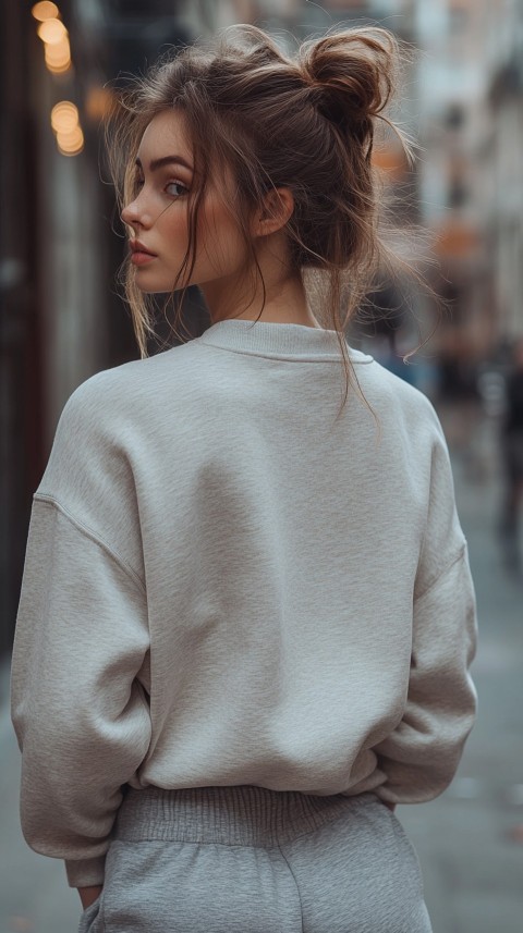 Back View of a Woman in a Light Sweatshirt and Sweatpants with a Messy Bun on an Empty Street – Casual Aesthetic (102)