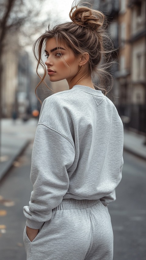 Back View of a Woman in a Light Sweatshirt and Sweatpants with a Messy Bun on an Empty Street – Casual Aesthetic (96)