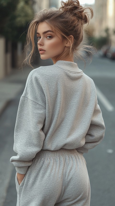 Back View of a Woman in a Light Sweatshirt and Sweatpants with a Messy Bun on an Empty Street – Casual Aesthetic (97)