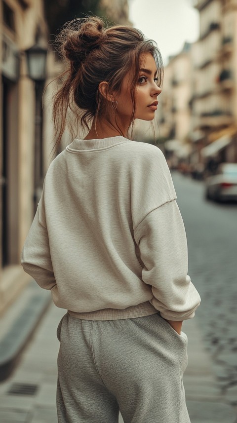 Back View of a Woman in a Light Sweatshirt and Sweatpants with a Messy Bun on an Empty Street – Casual Aesthetic (98)