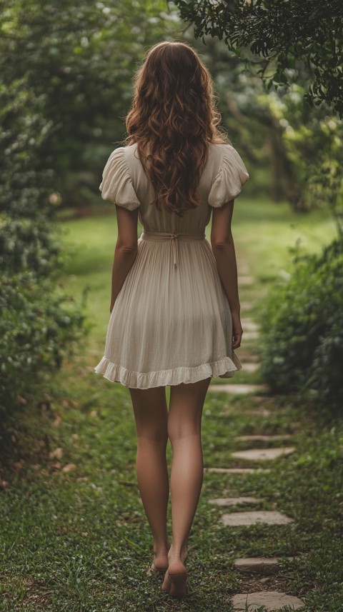 Back View of a Woman in a Puff Sleeved Midi Dress Standing Barefoot on Grass – Garden Aesthetic (19)