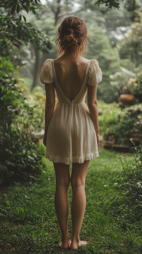 Back View of a Woman in a Puff Sleeved Midi Dress Standing Barefoot on Grass – Garden Aesthetic (7)