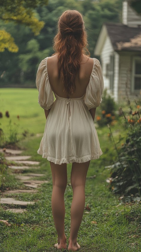 Back View of a Woman in a Puff Sleeved Midi Dress Standing Barefoot on Grass – Garden Aesthetic (25)