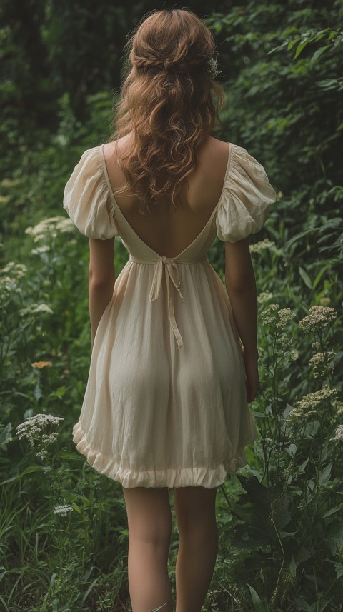 Back View of a Woman in a Puff Sleeved Midi Dress Standing Barefoot on Grass – Garden Aesthetic (41)