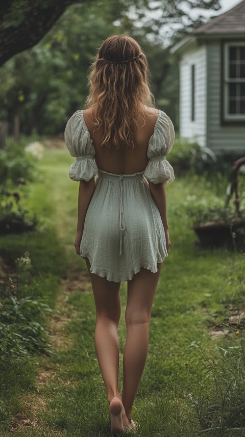 Back View of a Woman in a Puff Sleeved Midi Dress Standing Barefoot on Grass – Garden Aesthetic (67)