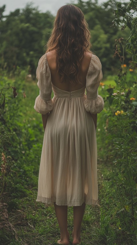 Back View of a Woman in a Puff Sleeved Midi Dress Standing Barefoot on Grass – Garden Aesthetic (38)