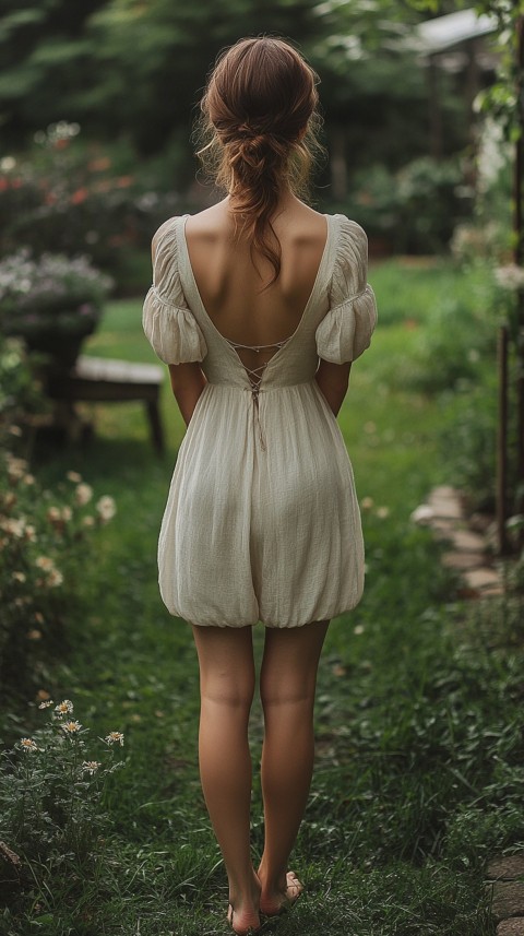 Back View of a Woman in a Puff Sleeved Midi Dress Standing Barefoot on Grass – Garden Aesthetic (69)