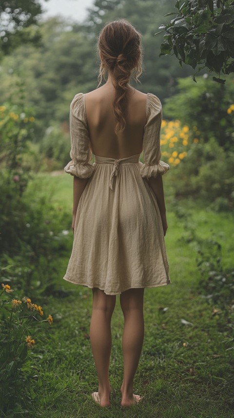 Back View of a Woman in a Puff Sleeved Midi Dress Standing Barefoot on Grass – Garden Aesthetic (58)