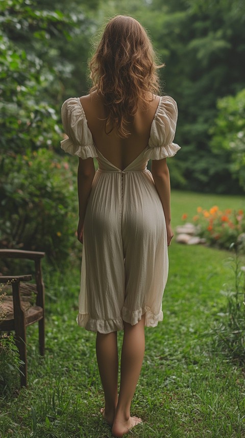 Back View of a Woman in a Puff Sleeved Midi Dress Standing Barefoot on Grass – Garden Aesthetic (62)