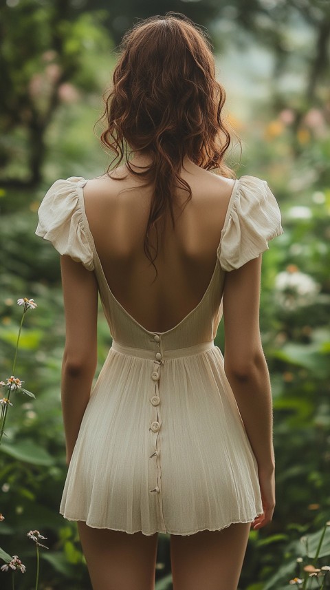 Back View of a Woman in a Puff Sleeved Midi Dress Standing Barefoot on Grass – Garden Aesthetic (70)