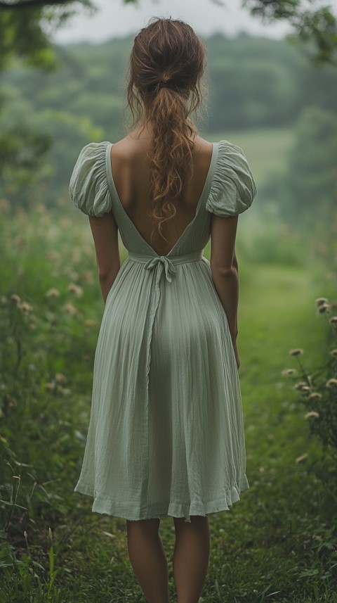 Back View of a Woman in a Puff Sleeved Midi Dress Standing Barefoot on Grass – Garden Aesthetic (85)