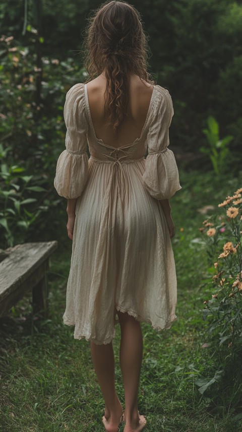 Back View of a Woman in a Puff Sleeved Midi Dress Standing Barefoot on Grass – Garden Aesthetic (75)