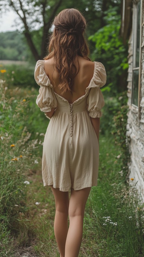 Back View of a Woman in a Puff Sleeved Midi Dress Standing Barefoot on Grass – Garden Aesthetic (79)