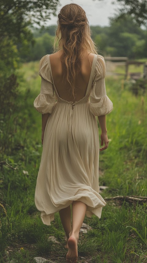 Back View of a Woman in a Puff Sleeved Midi Dress Standing Barefoot on Grass – Garden Aesthetic (82)