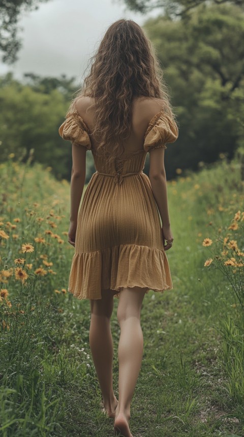 Back View of a Woman in a Puff Sleeved Midi Dress Standing Barefoot on Grass – Garden Aesthetic (72)