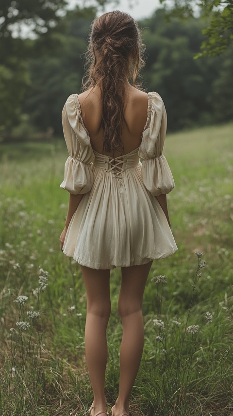 Back View of a Woman in a Puff Sleeved Midi Dress Standing Barefoot on Grass – Garden Aesthetic (91)