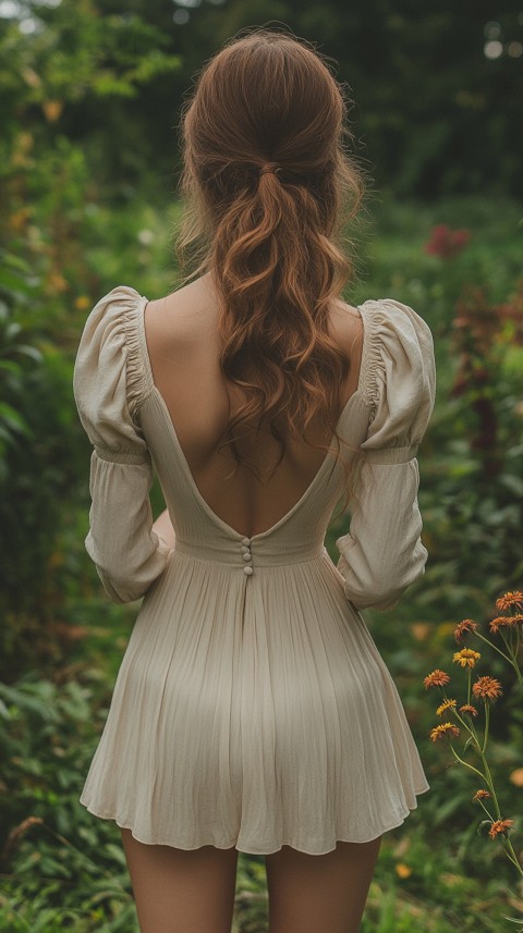 Back View of a Woman in a Puff Sleeved Midi Dress Standing Barefoot on Grass – Garden Aesthetic (87)