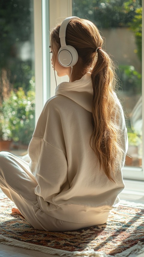 Back View of a Woman in a White Hoodie and Headphones on a Boho Carpet Lazy Girl Aesthetic (4)