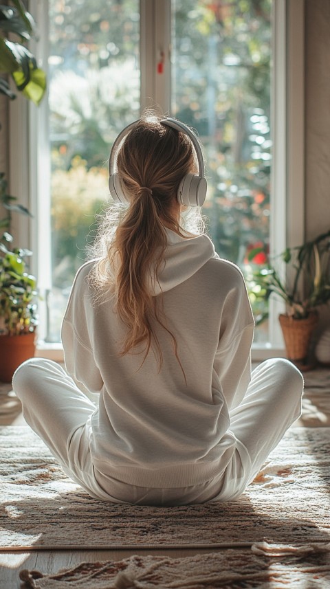 Back View of a Woman in a White Hoodie and Headphones on a Boho Carpet Lazy Girl Aesthetic (9)