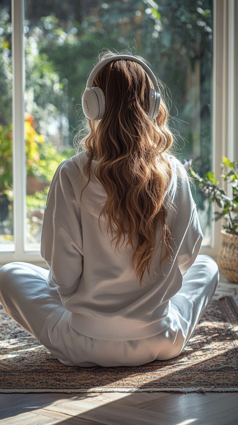 Back View of a Woman in a White Hoodie and Headphones on a Boho Carpet Lazy Girl Aesthetic (3)