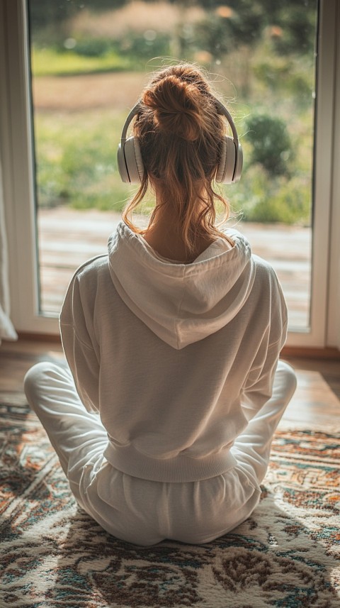 Back View of a Woman in a White Hoodie and Headphones on a Boho Carpet Lazy Girl Aesthetic (6)