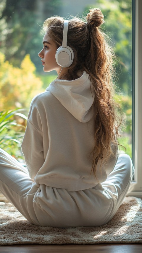 Back View of a Woman in a White Hoodie and Headphones on a Boho Carpet Lazy Girl Aesthetic (16)