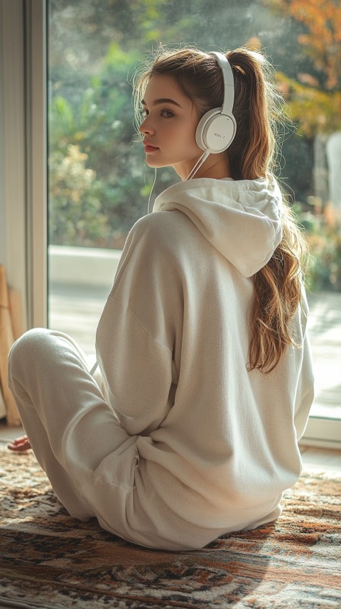 Back View of a Woman in a White Hoodie and Headphones on a Boho Carpet Lazy Girl Aesthetic (7)