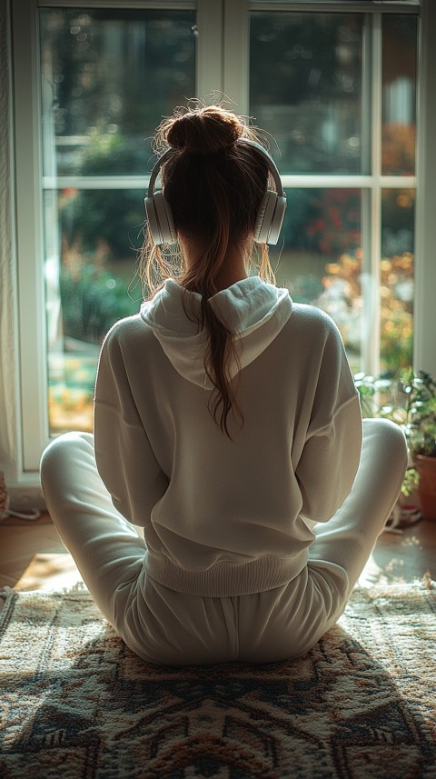 Back View of a Woman in a White Hoodie and Headphones on a Boho Carpet Lazy Girl Aesthetic (20)