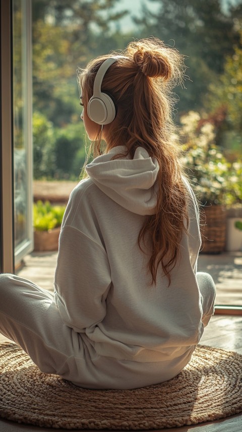 Back View of a Woman in a White Hoodie and Headphones on a Boho Carpet Lazy Girl Aesthetic (38)