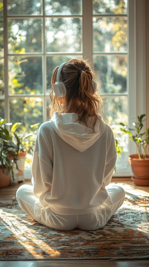 Back View of a Woman in a White Hoodie and Headphones on a Boho Carpet Lazy Girl Aesthetic (49)