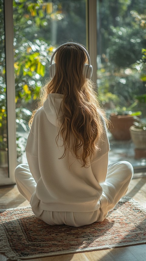 Back View of a Woman in a White Hoodie and Headphones on a Boho Carpet Lazy Girl Aesthetic (28)