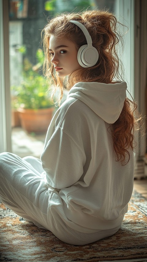 Back View of a Woman in a White Hoodie and Headphones on a Boho Carpet Lazy Girl Aesthetic (43)