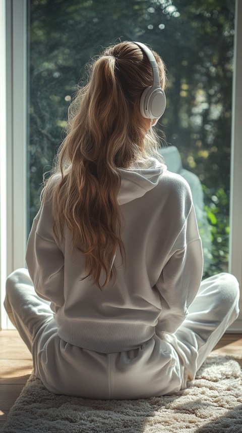 Back View of a Woman in a White Hoodie and Headphones on a Boho Carpet Lazy Girl Aesthetic (22)