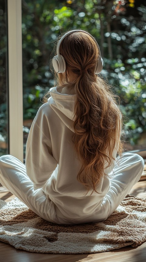 Back View of a Woman in a White Hoodie and Headphones on a Boho Carpet Lazy Girl Aesthetic (31)