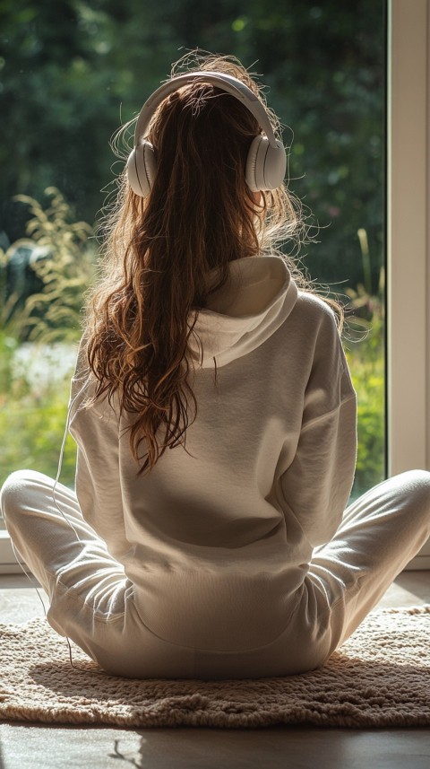 Back View of a Woman in a White Hoodie and Headphones on a Boho Carpet Lazy Girl Aesthetic (46)