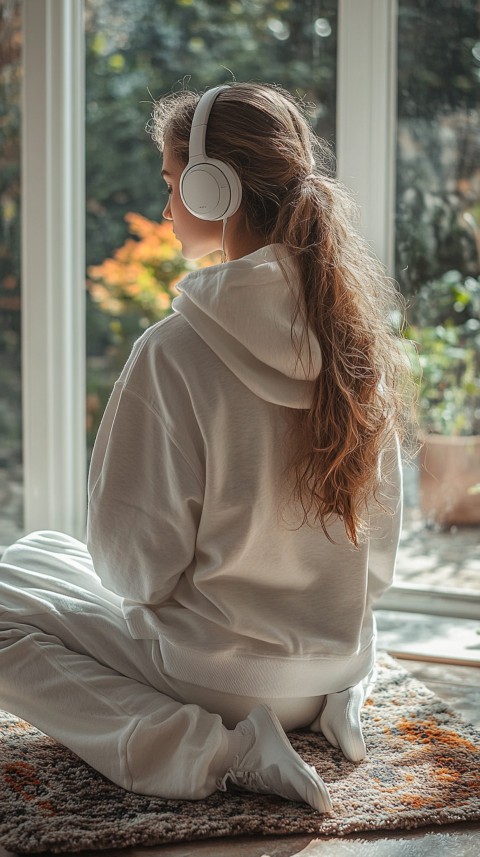 Back View of a Woman in a White Hoodie and Headphones on a Boho Carpet Lazy Girl Aesthetic (72)