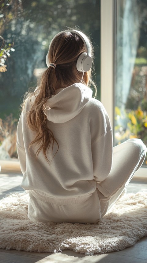 Back View of a Woman in a White Hoodie and Headphones on a Boho Carpet Lazy Girl Aesthetic (62)