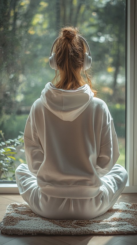 Back View of a Woman in a White Hoodie and Headphones on a Boho Carpet Lazy Girl Aesthetic (82)