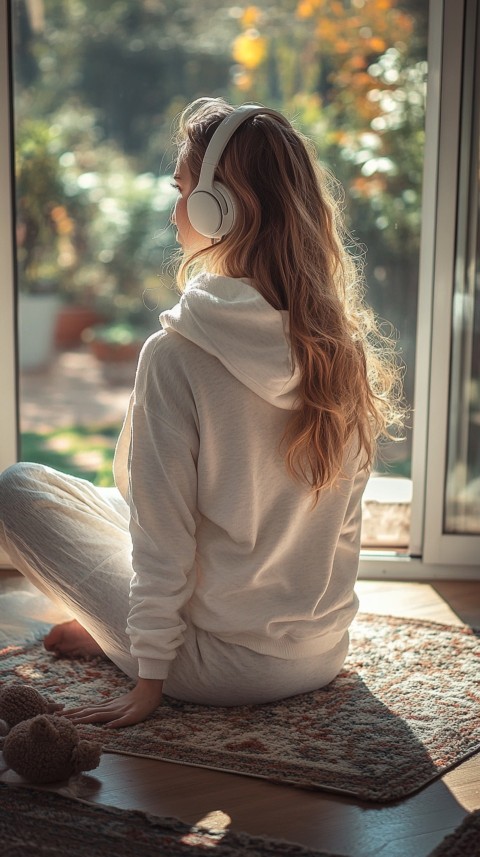 Back View of a Woman in a White Hoodie and Headphones on a Boho Carpet Lazy Girl Aesthetic (53)