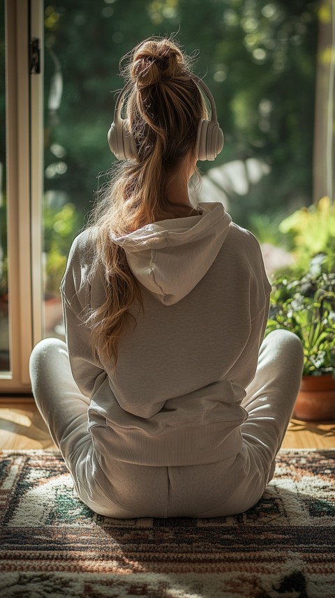 Back View of a Woman in a White Hoodie and Headphones on a Boho Carpet Lazy Girl Aesthetic (55)