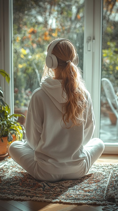 Back View of a Woman in a White Hoodie and Headphones on a Boho Carpet Lazy Girl Aesthetic (85)