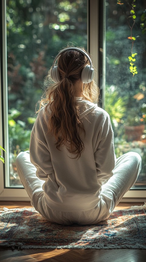 Back View of a Woman in a White Hoodie and Headphones on a Boho Carpet Lazy Girl Aesthetic (88)